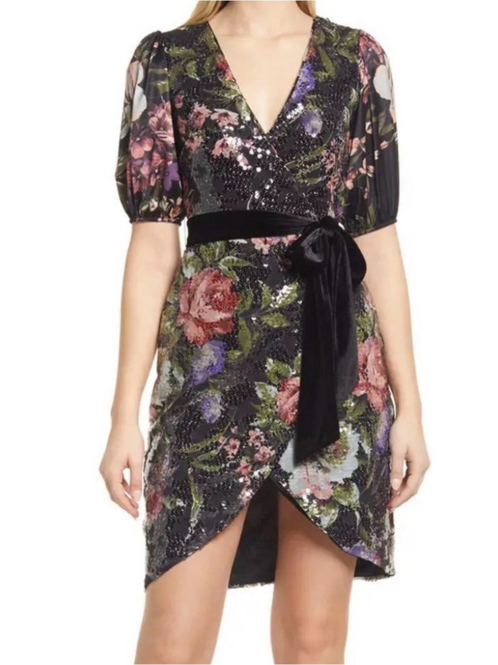 BTFL-life Floral Print Short Sleeve Sequin Wrap Dress Medium NWT